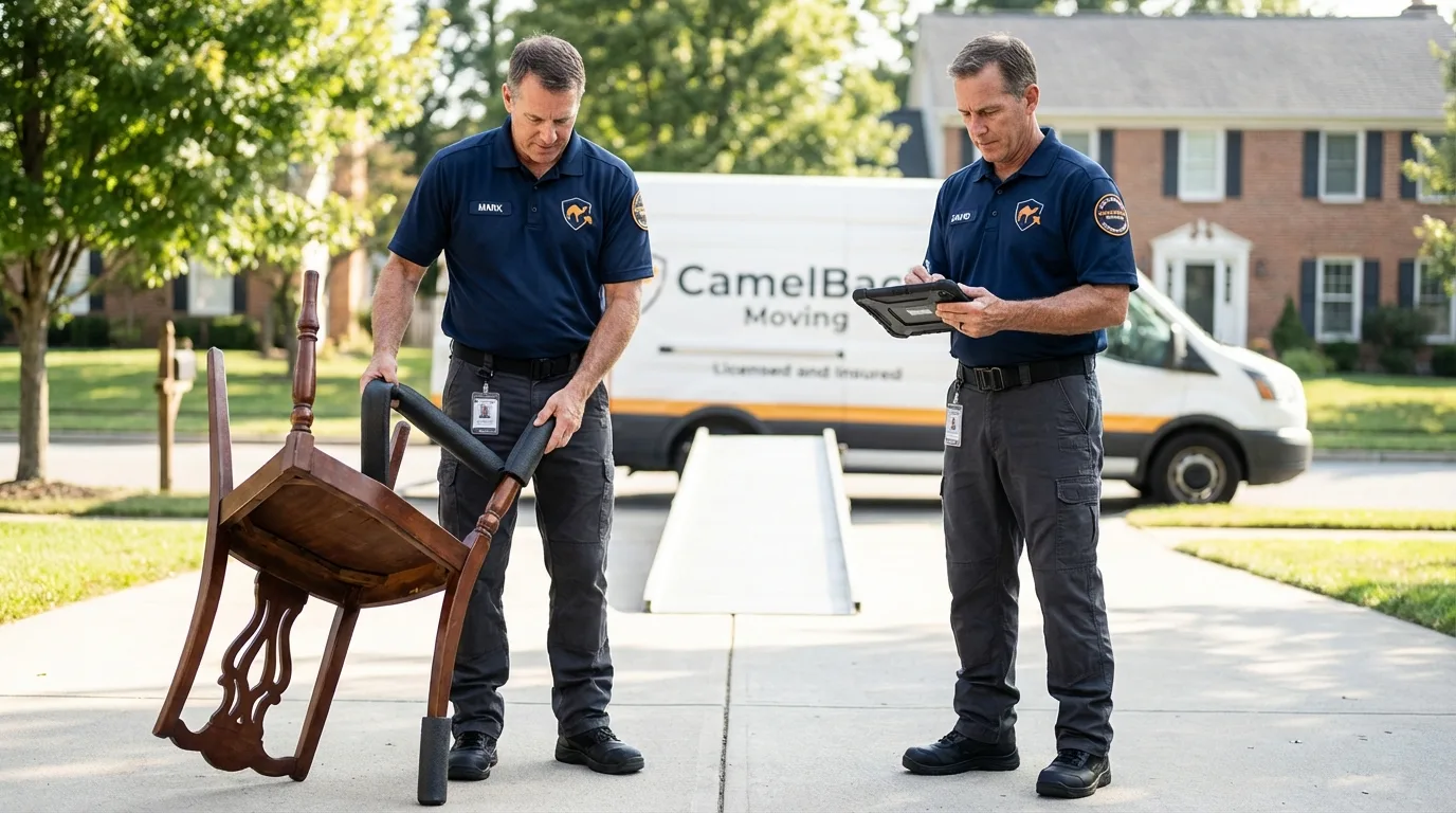 Movers inspecting furniture for damage prevention before loading in Marcellus, NY
